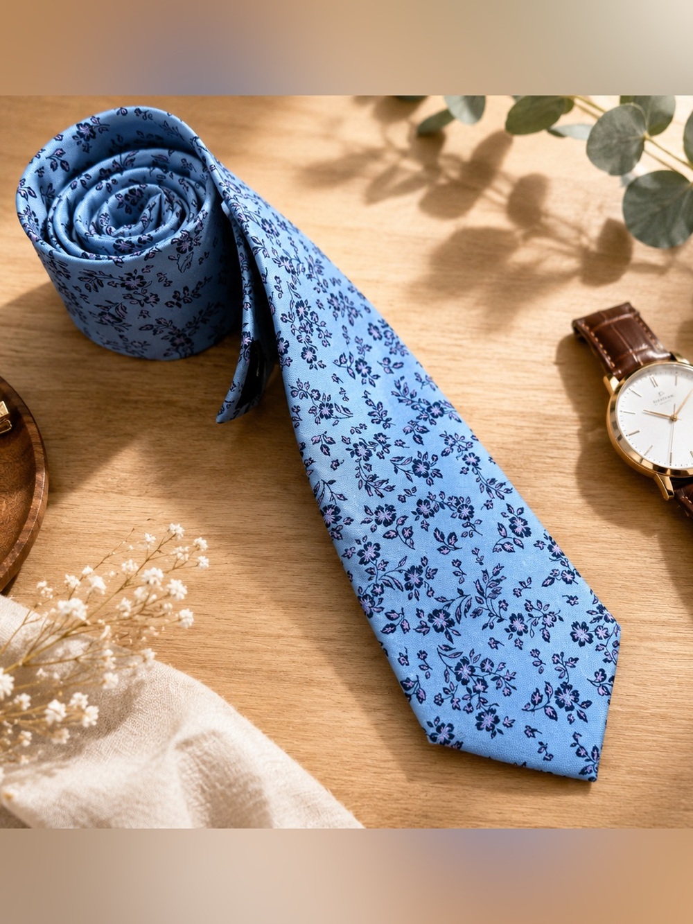 Pronto Uomo 100% Silk Blue Floral Print Necktie Classic Mens Tie